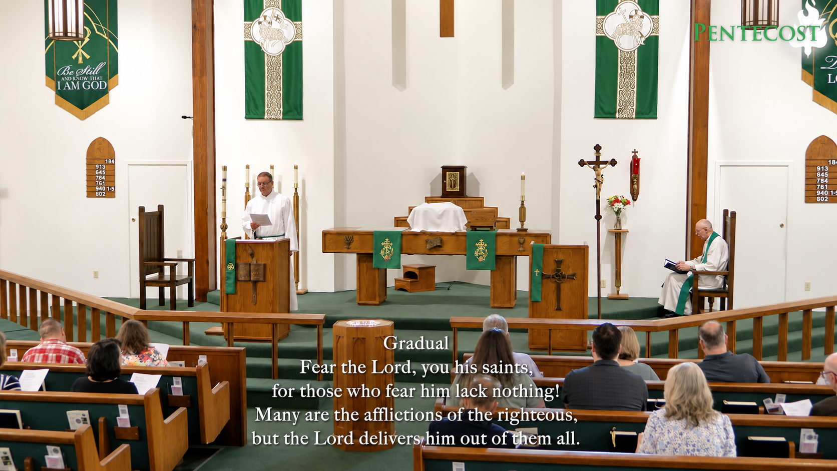 Liturgical worship livestream with prepared lower-third text and a custom Pentecost graphic