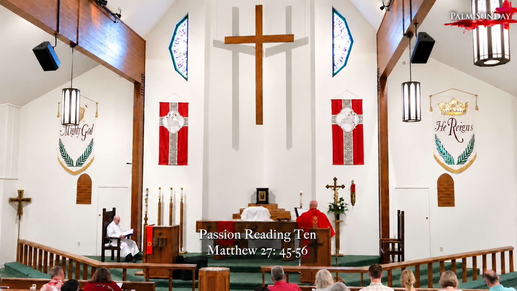 Palm Sunday liturgy livestream with a custom seasonal graphic in the upper-right corner