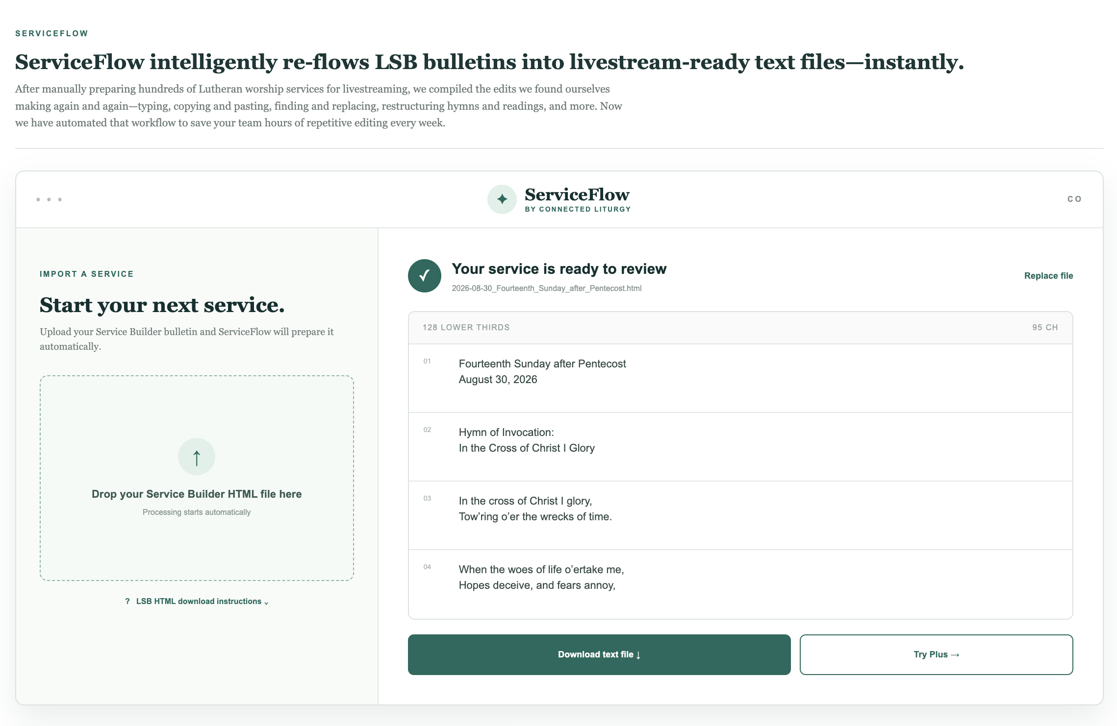 ServiceFlow preparing a Lutheran Service Builder bulletin for livestream display